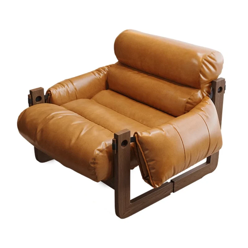 Traditional Chinese Faux Oil-Wax Leather Wood Curved Square Accent Chair With Backrest & Armrest For Living Room