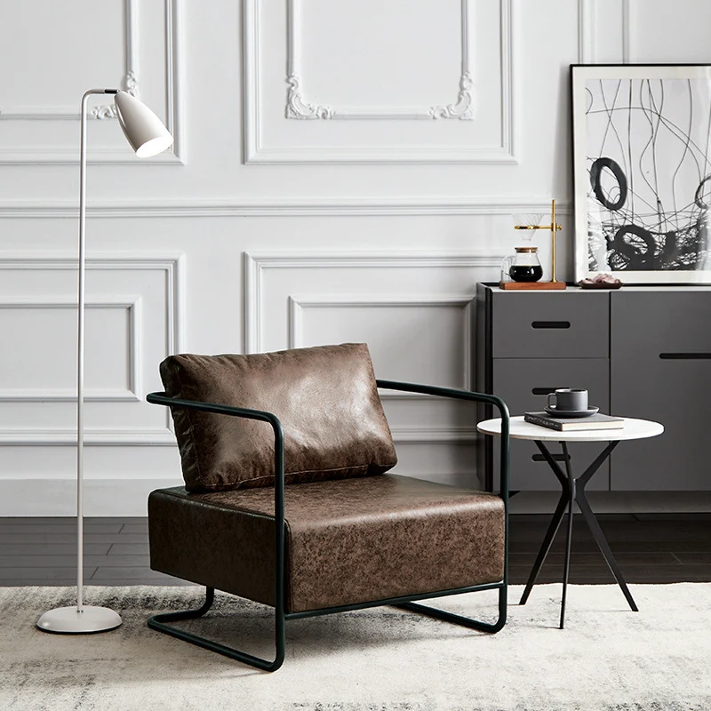 Contemporary Industrial Rectangular Carbon Steel Faux Leather Synthetic Fabric Single Person Accent Chair Backrest Armrest For Living Room
