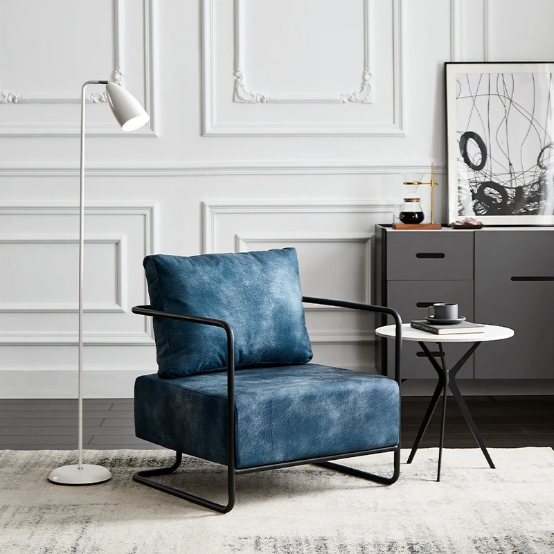 Contemporary Industrial Rectangular Carbon Steel Faux Leather Synthetic Fabric Single Person Accent Chair Backrest Armrest For Living Room