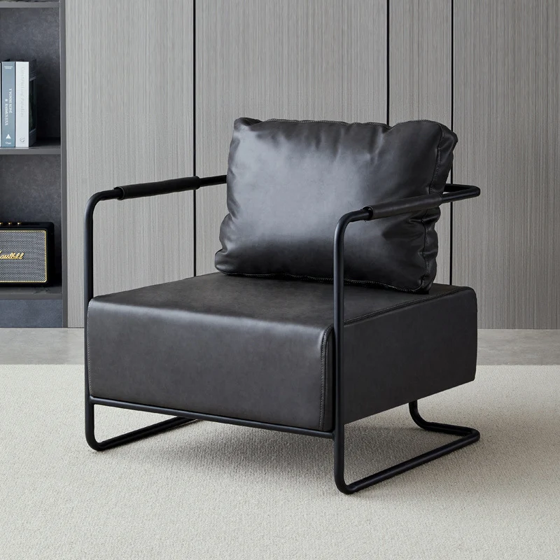Contemporary Industrial Rectangular Carbon Steel Faux Leather Synthetic Fabric Single Person Accent Chair Backrest Armrest For Living Room