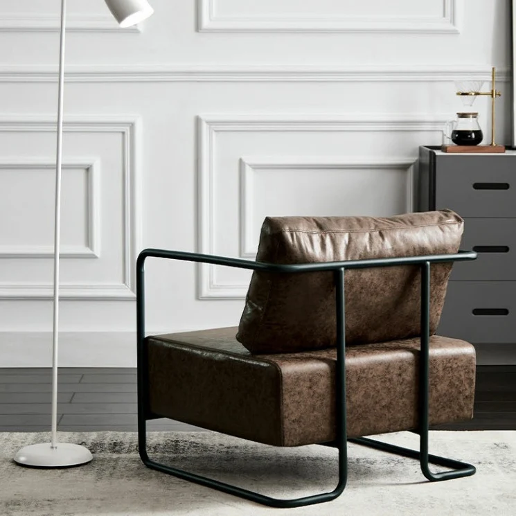 Contemporary Industrial Rectangular Carbon Steel Faux Leather Synthetic Fabric Single Person Accent Chair Backrest Armrest For Living Room