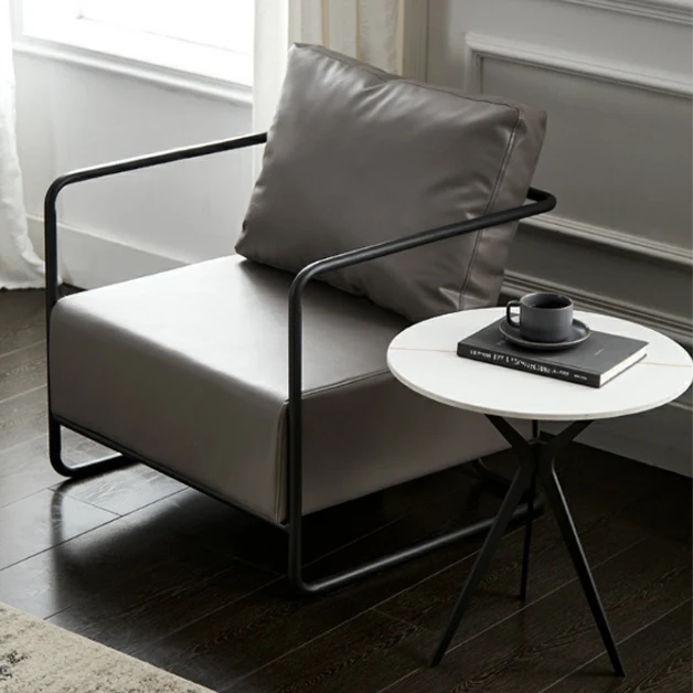 Contemporary Industrial Rectangular Carbon Steel Faux Leather Synthetic Fabric Single Person Accent Chair Backrest Armrest For Living Room