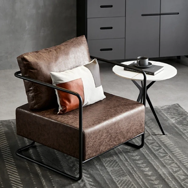 Contemporary Industrial Rectangular Carbon Steel Faux Leather Synthetic Fabric Single Person Accent Chair Backrest Armrest For Living Room
