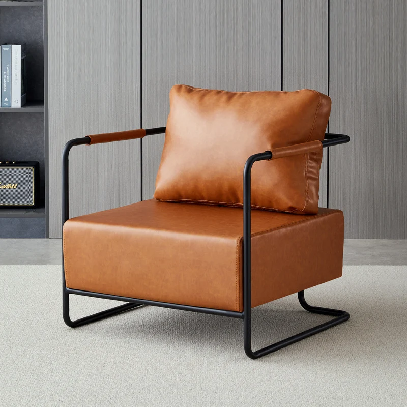 Contemporary Industrial Rectangular Carbon Steel Faux Leather Synthetic Fabric Single Person Accent Chair Backrest Armrest For Living Room