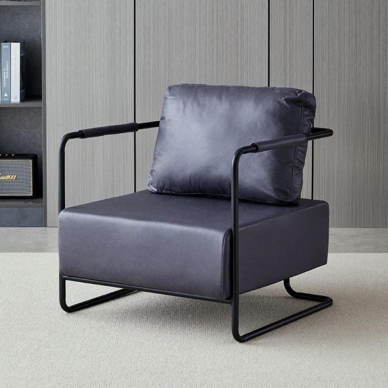 Contemporary Industrial Rectangular Carbon Steel Faux Leather Synthetic Fabric Single Person Accent Chair Backrest Armrest For Living Room