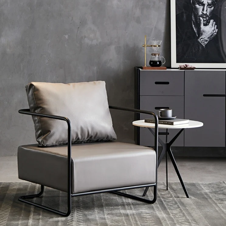 Contemporary Industrial Rectangular Carbon Steel Faux Leather Synthetic Fabric Single Person Accent Chair Backrest Armrest For Living Room