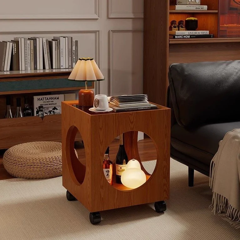 Contemporary Creative Tempered Glass Solid Wood Hollow Square End Table With 2-Tiers For Living Room