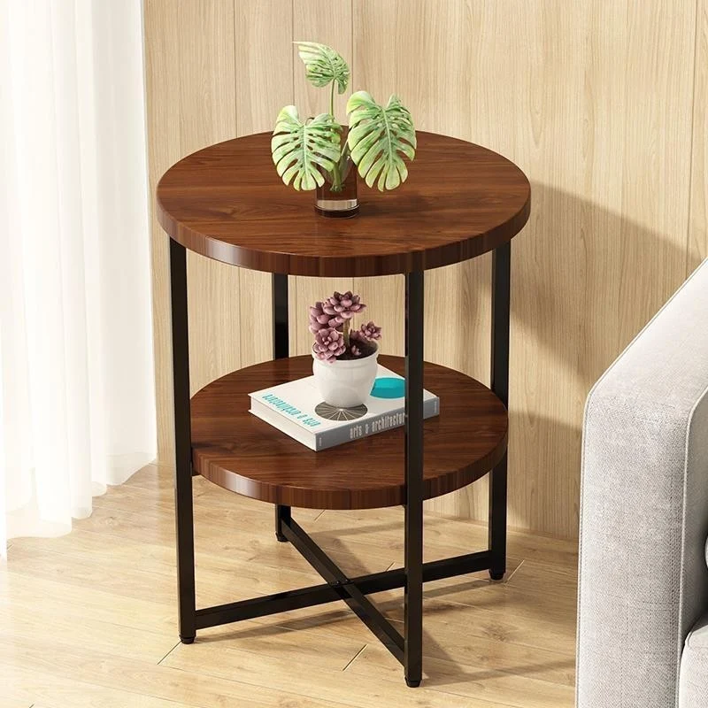Traditional Vintage Solid Wood Metal Round Cross-Leg End Table With 2-Tier For Living Room