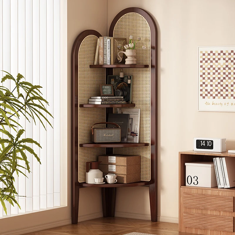 Traditional Vintage Rattan Nan Bamboo Corner Shelf Unit Room Divider 4-Shelf For Living Room