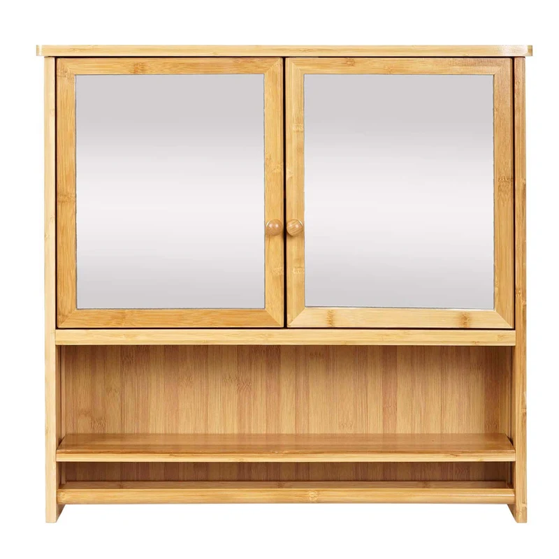 Meuble de salle de bain miroir avec rangement 62 x 66 x 15 cm 3 étagères design naturel en bambou 04_0010335