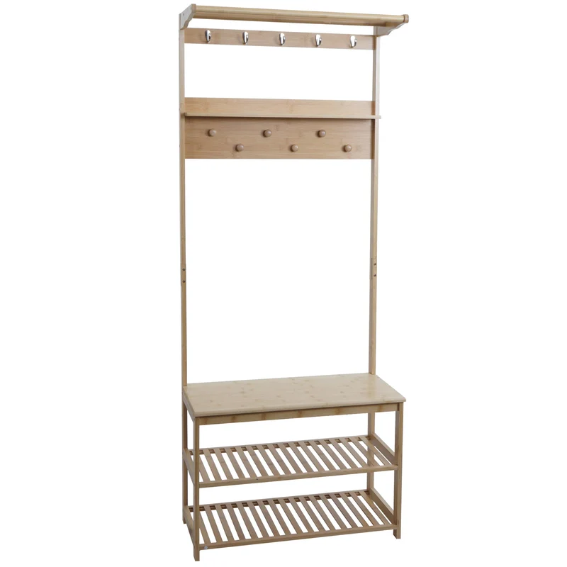 Porte-manteau sur pied en bambou vestiaire avec banc et étagère à chaussures 170 x 70 x 31 cm 04_0009774