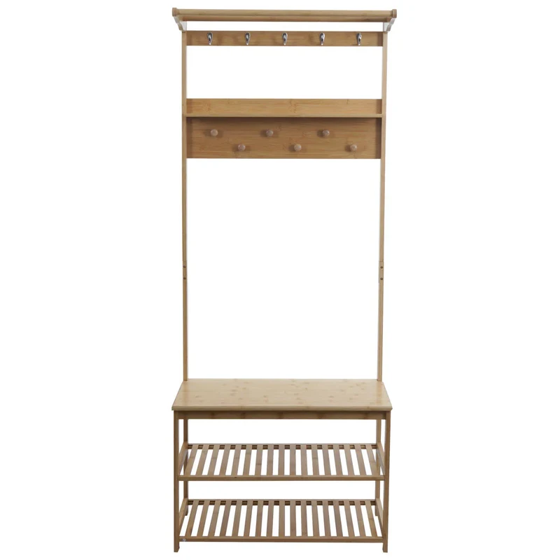 Porte-manteau sur pied en bambou vestiaire avec banc et étagère à chaussures 170 x 70 x 31 cm 04_0009774