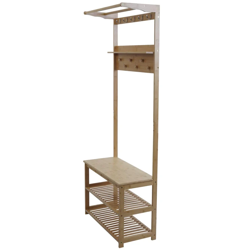 Porte-manteau sur pied en bambou vestiaire avec banc et étagère à chaussures 170 x 70 x 31 cm 04_0009774