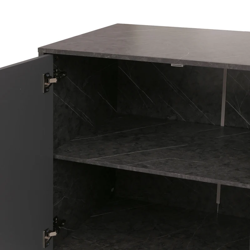 Buffet moderne 150 cm effet marbre gris meuble de rangement 4 portes motif chevrons surface anti-rayures pieds bois massif 04_0009787