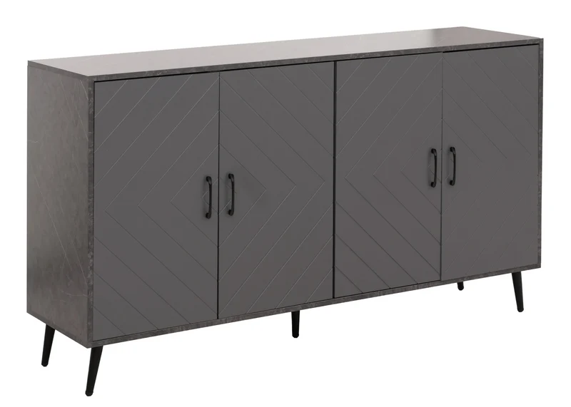 Buffet moderne 150 cm effet marbre gris meuble de rangement 4 portes motif chevrons surface anti-rayures pieds bois massif 04_0009787