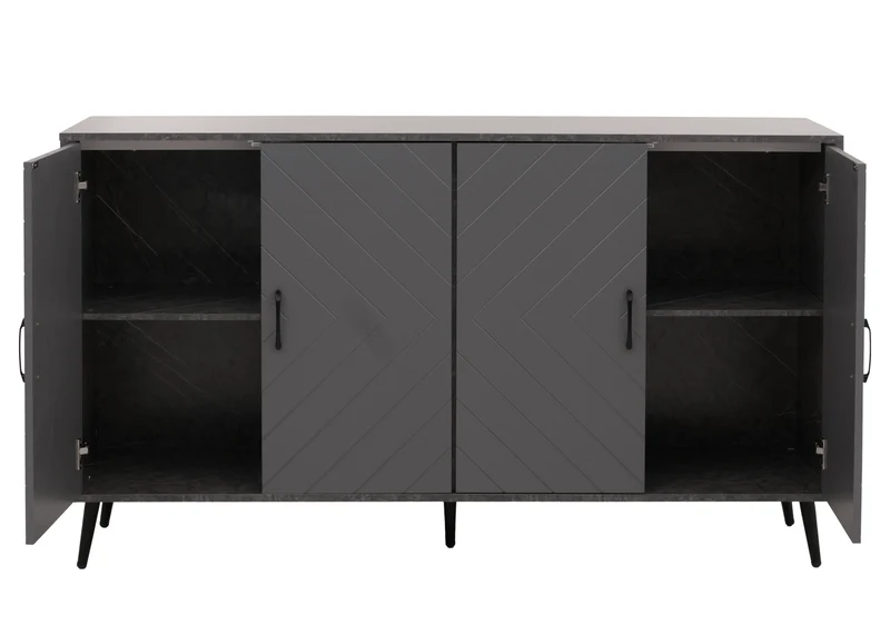 Buffet moderne 150 cm effet marbre gris meuble de rangement 4 portes motif chevrons surface anti-rayures pieds bois massif 04_0009787