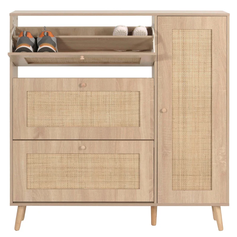 Meuble à chaussures avec 3 compartiments basculants portes en rotin kubu tressé à la main 127x120x24 cm décor chêne 04_0010111