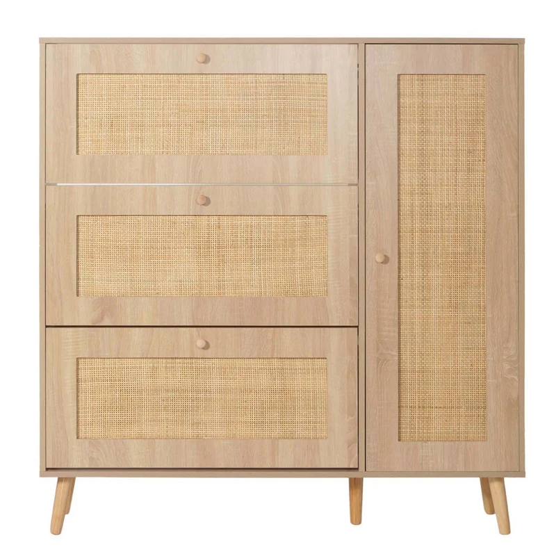 Meuble à chaussures avec 3 compartiments basculants portes en rotin kubu tressé à la main 127x120x24 cm décor chêne 04_0010111
