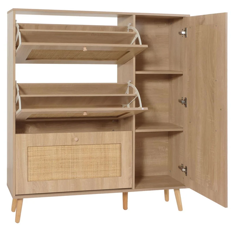 Meuble à chaussures avec 3 compartiments basculants portes en rotin kubu tressé à la main 127x120x24 cm décor chêne 04_0010111