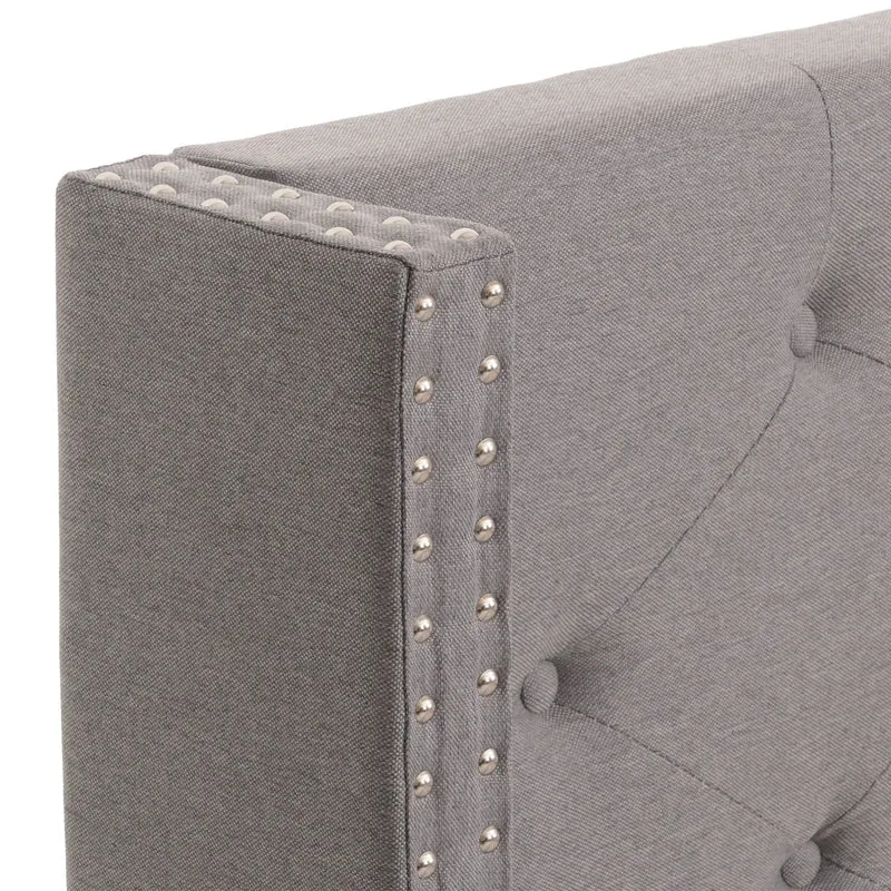 Lit double rembourré 180x200 cm gris avec sommier à lattes cadre en bois massif tête de lit capitonnée et clous décoratifs 04_0010072
