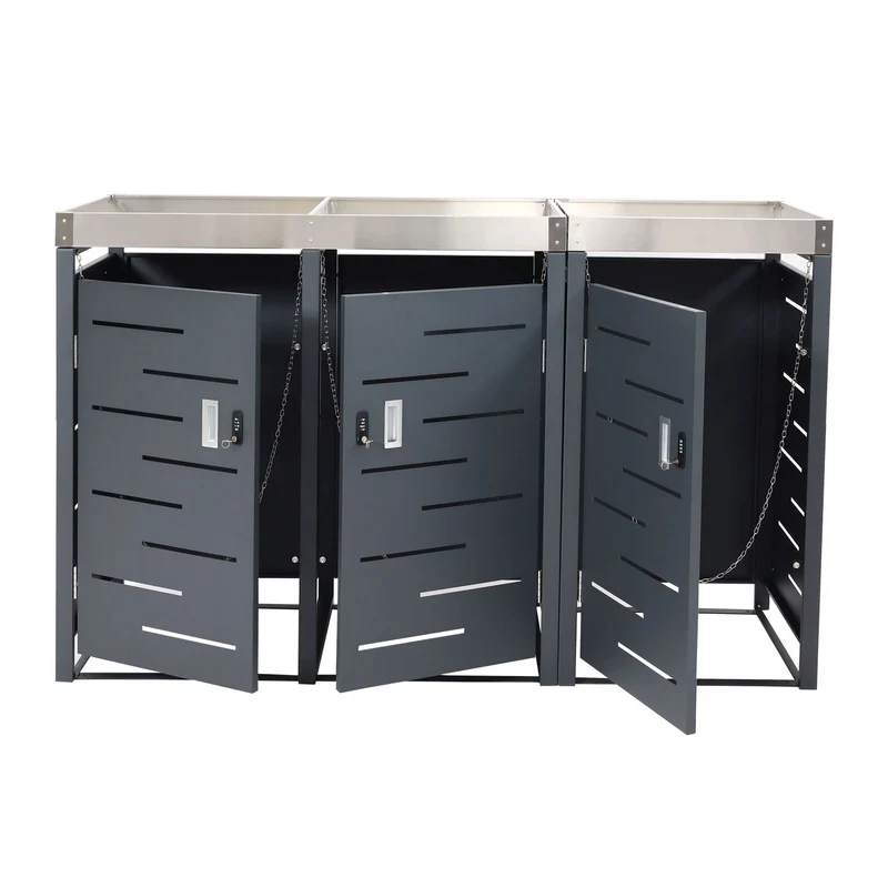 Cache poubelles triple 3 bacs 80 à 120l avec bac à plantes inox et acier galvanisé 110x175x62 cm 04_0010366