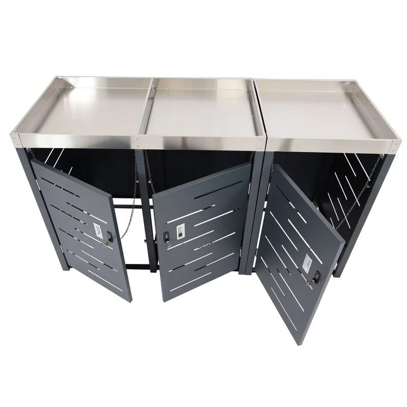 Cache poubelles triple 3 bacs 80 à 120l avec bac à plantes inox et acier galvanisé 110x175x62 cm 04_0010366