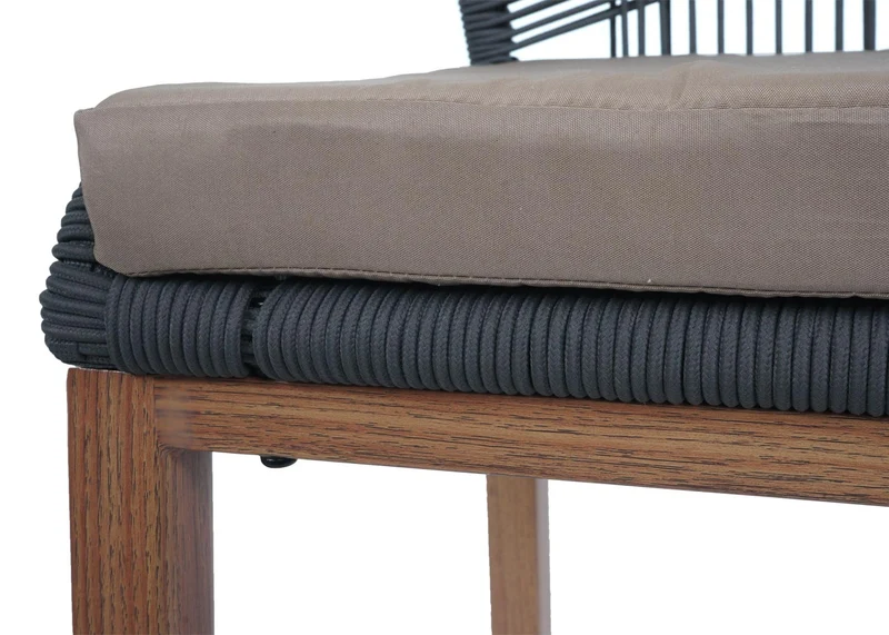 Lot de 2 tabourets de bar extérieur avec dossier cordage élastique décoratif gris foncé et repose-pieds structure acier effet bois coussins taupe 04_0009646