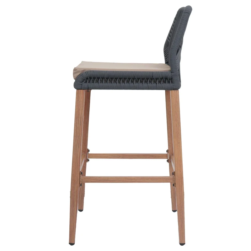 Lot de 2 tabourets de bar extérieur avec dossier cordage élastique décoratif gris foncé et repose-pieds structure acier effet bois coussins taupe 04_0009646