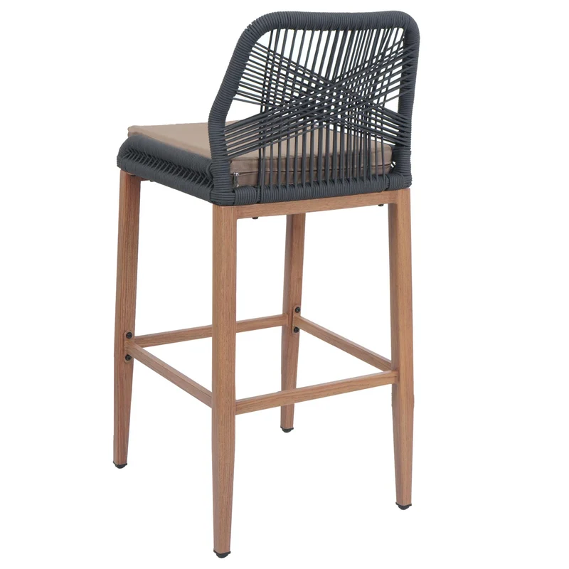 Lot de 2 tabourets de bar extérieur avec dossier cordage élastique décoratif gris foncé et repose-pieds structure acier effet bois coussins taupe 04_0009646