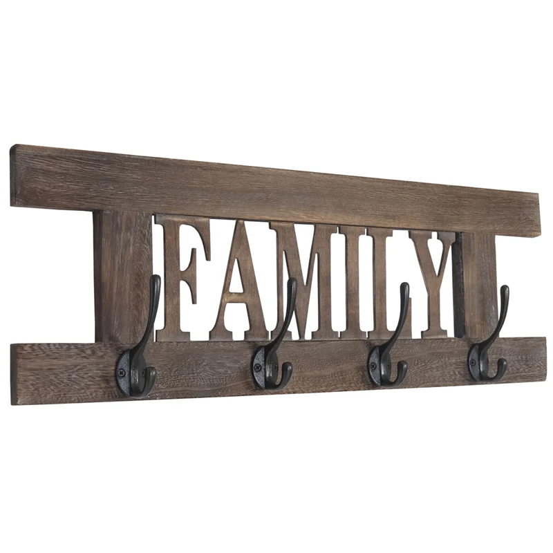 Lot de 2 panneaux porte-manteaux muraux style vintage avec crochets doubles home & family en bois paulownia marron 04_0011395