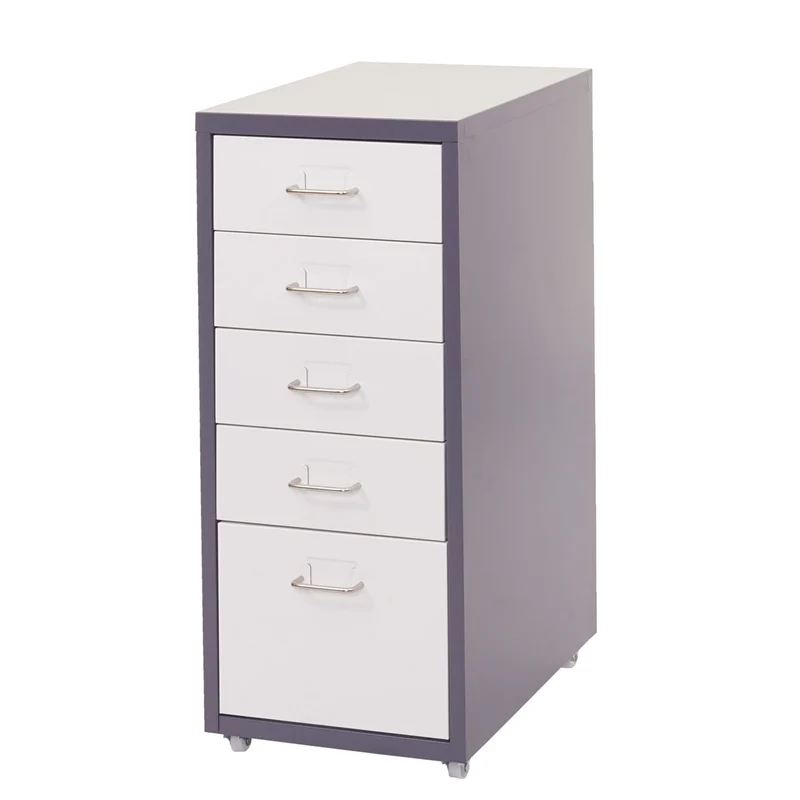 Caisson à roulettes en acier 5 tiroirs 69x28x41 cm gris foncé et blanc avec extension totale et porte-étiquettes 04_0010815
