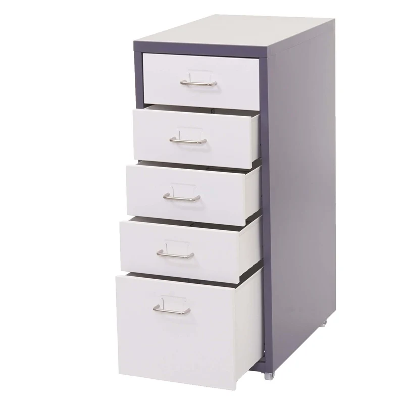 Caisson à roulettes en acier 5 tiroirs 69x28x41 cm gris foncé et blanc avec extension totale et porte-étiquettes 04_0010815