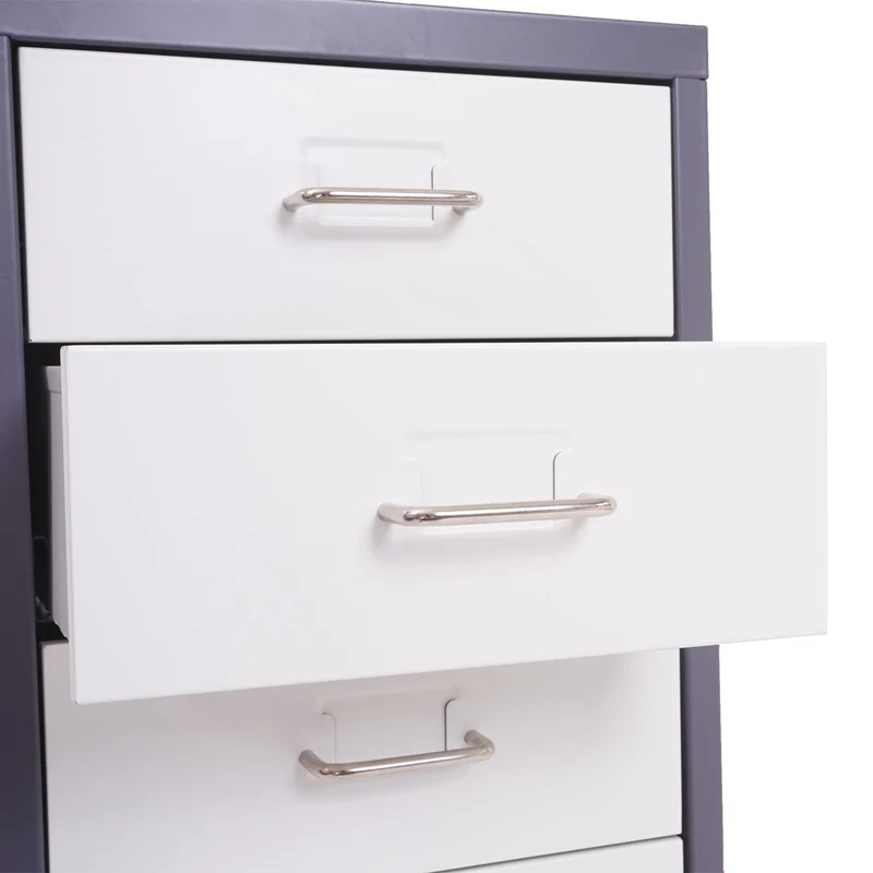 Caisson à roulettes en acier 5 tiroirs 69x28x41 cm gris foncé et blanc avec extension totale et porte-étiquettes 04_0010815