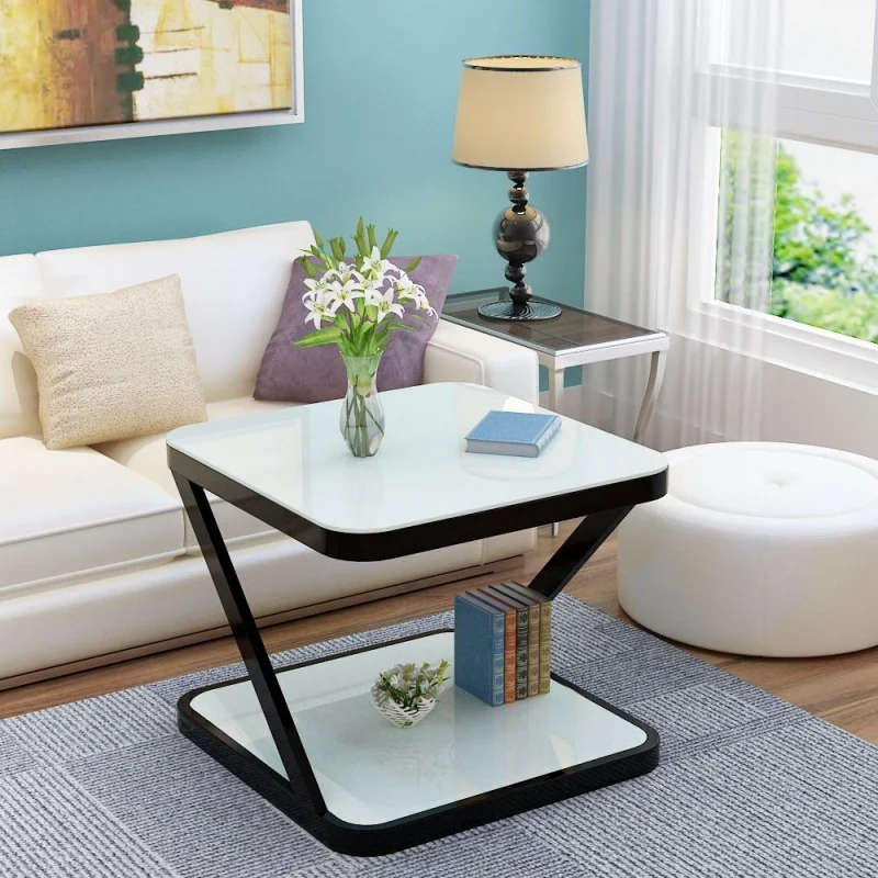 Modern Minimalist Tempered Glass Steel Z-Shaped Rounded End Table With 2-Tier For Living Room
