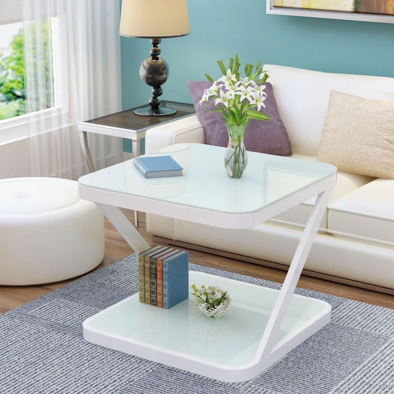 Modern Minimalist Tempered Glass Steel Z-Shaped Rounded End Table With 2-Tier For Living Room