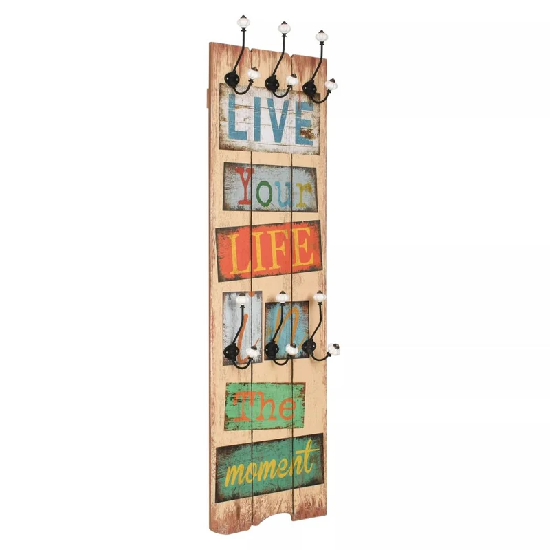 Porte-manteau mural avec 6 crochets meuble d'entrée 120 x 40 cm LIVE LIFE DEC024194