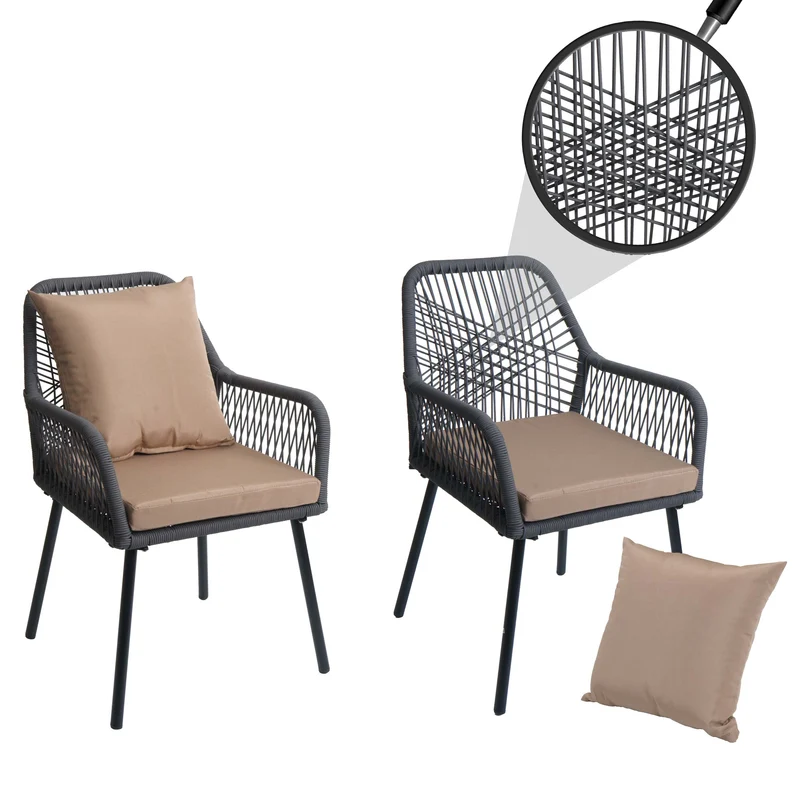 Lot de 2 chaises de jardin aluminium et corde tressée coussins inclus anthracite taupe 04_0009698