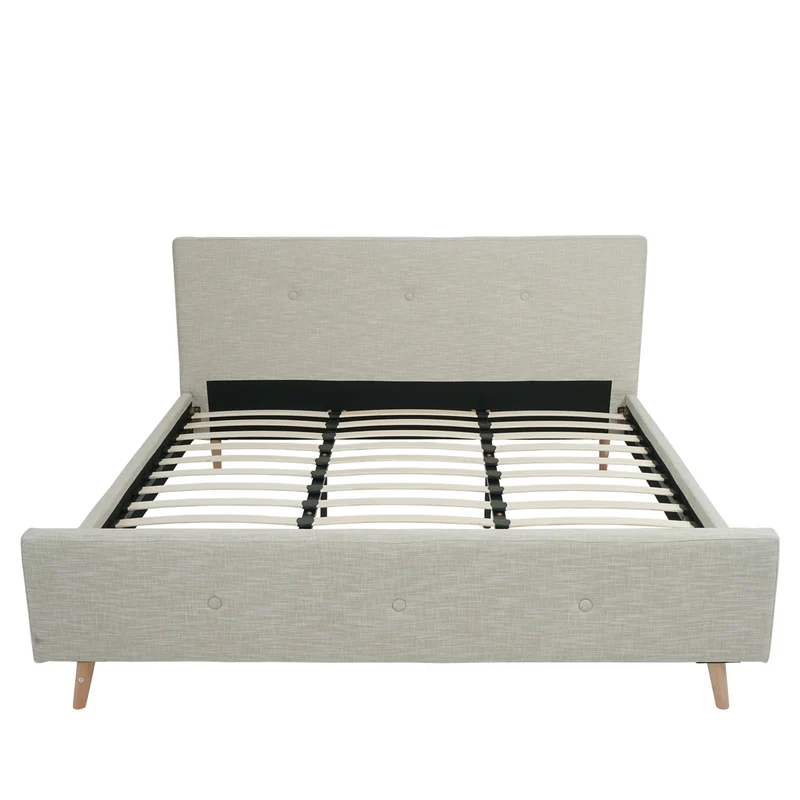 Lit double capitonné avec boutons décoratifs 180x200 cm sommier inclus bois massif et tissu crème/beige 04_0010471