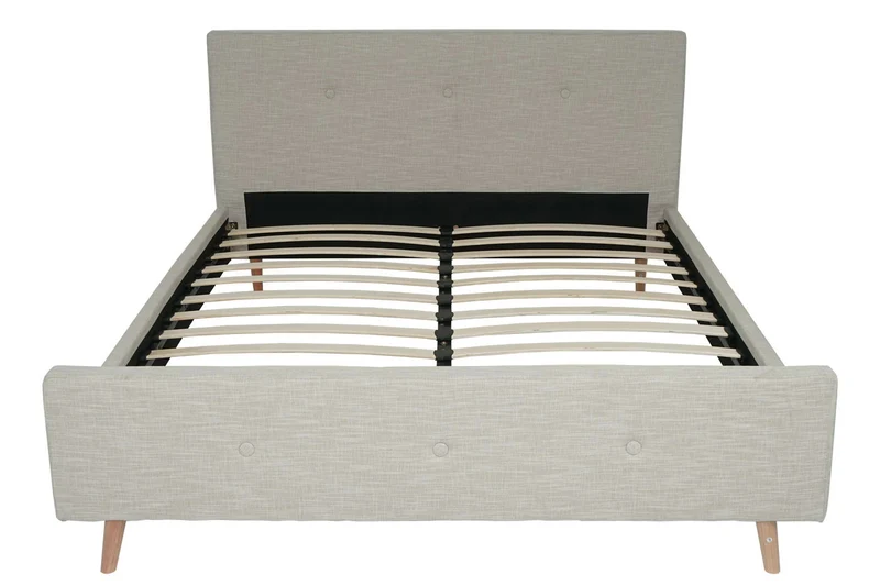 Lit double capitonné avec boutons décoratifs 160x200 cm sommier inclus bois massif tissu crème beige 04_0010472