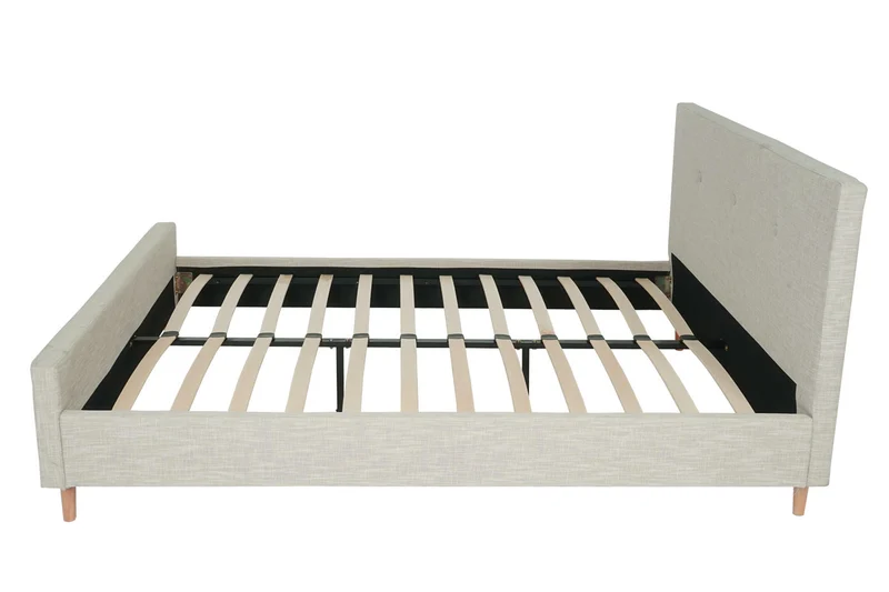 Lit double capitonné avec boutons décoratifs 160x200 cm sommier inclus bois massif tissu crème beige 04_0010472