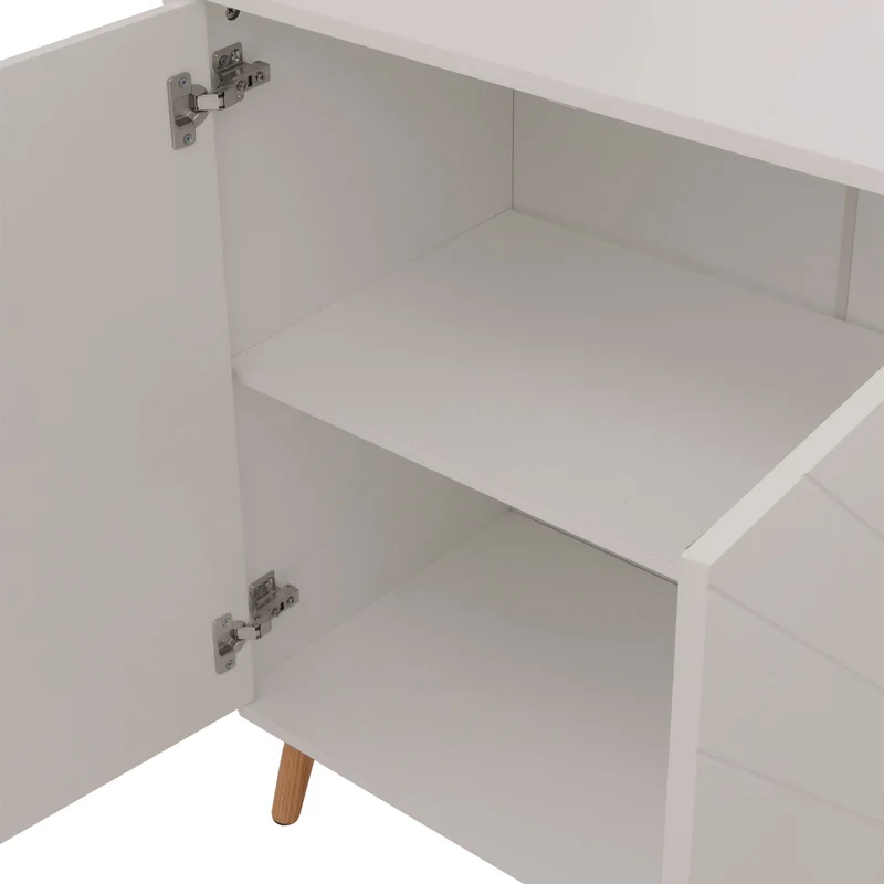 Buffet design motif chevron 4 compartiments 88 x 150 x 40 cm MDF avec revêtement mélaminé blanc 04_0009785