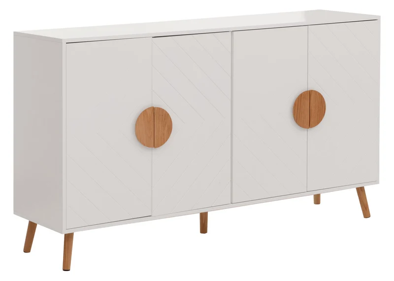 Buffet design motif chevron 4 compartiments 88 x 150 x 40 cm MDF avec revêtement mélaminé blanc 04_0009785