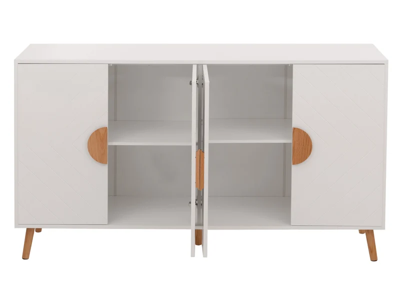 Buffet design motif chevron 4 compartiments 88 x 150 x 40 cm MDF avec revêtement mélaminé blanc 04_0009785