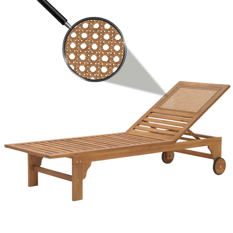 Bain de soleil chaise longue dossier réglable 4 positions avec roues en bois massif acacia huilé et poly-rotin décoratif 04_0010070