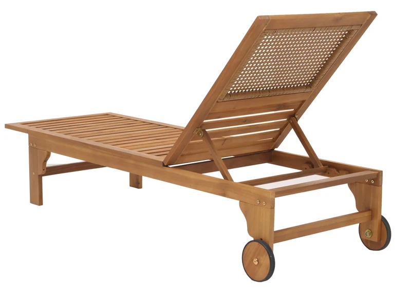 Bain de soleil chaise longue dossier réglable 4 positions avec roues en bois massif acacia huilé et poly-rotin décoratif 04_0010070
