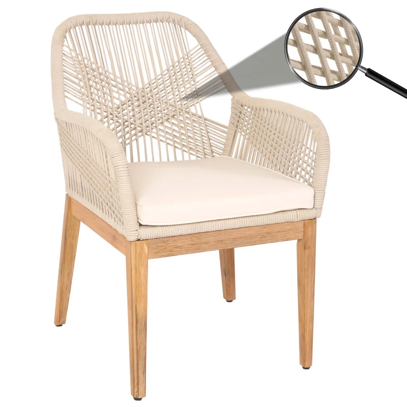 Chaise de jardin moderne résistant aux intempériese en bois d’acacia dossier arrondi en corde tressée crème coussin crème 04_0010101