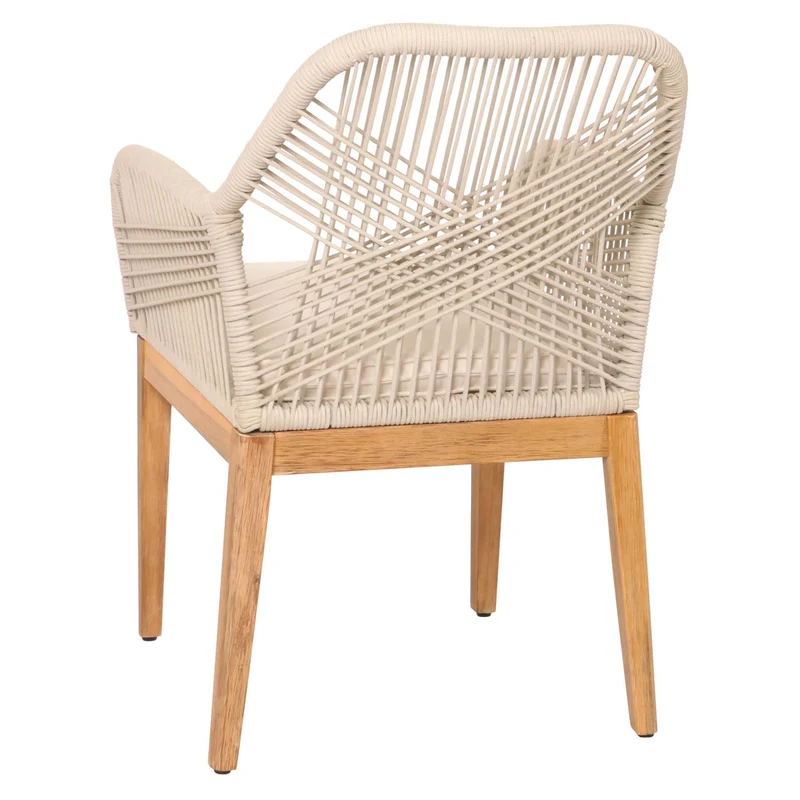 Chaise de jardin moderne résistant aux intempériese en bois d’acacia dossier arrondi en corde tressée crème coussin crème 04_0010101