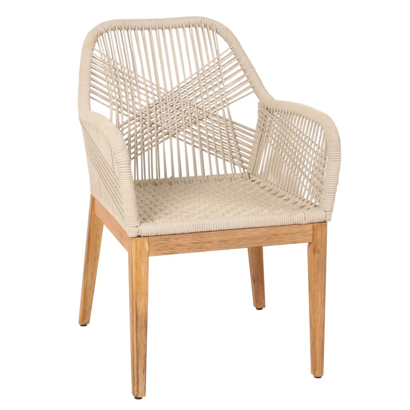 Chaise de jardin moderne résistant aux intempériese en bois d’acacia dossier arrondi en corde tressée crème coussin crème 04_0010101