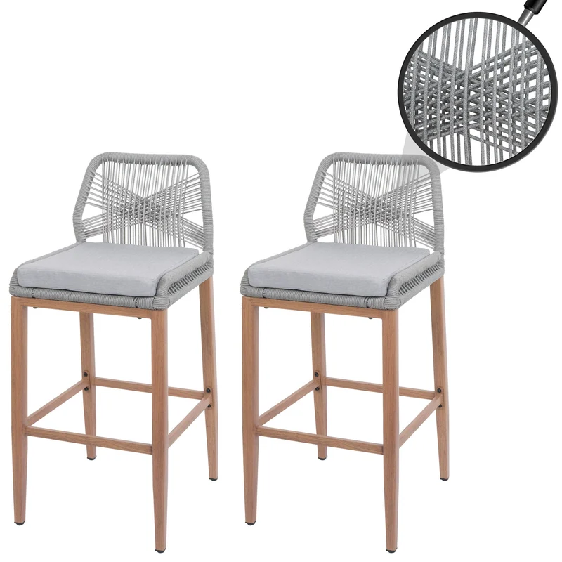 Lot de 2 tabourets de bar extérieur avec dossier cordage élastique décoratif et repose-pieds structure acier effet bois coussins gris clair 04_0009641