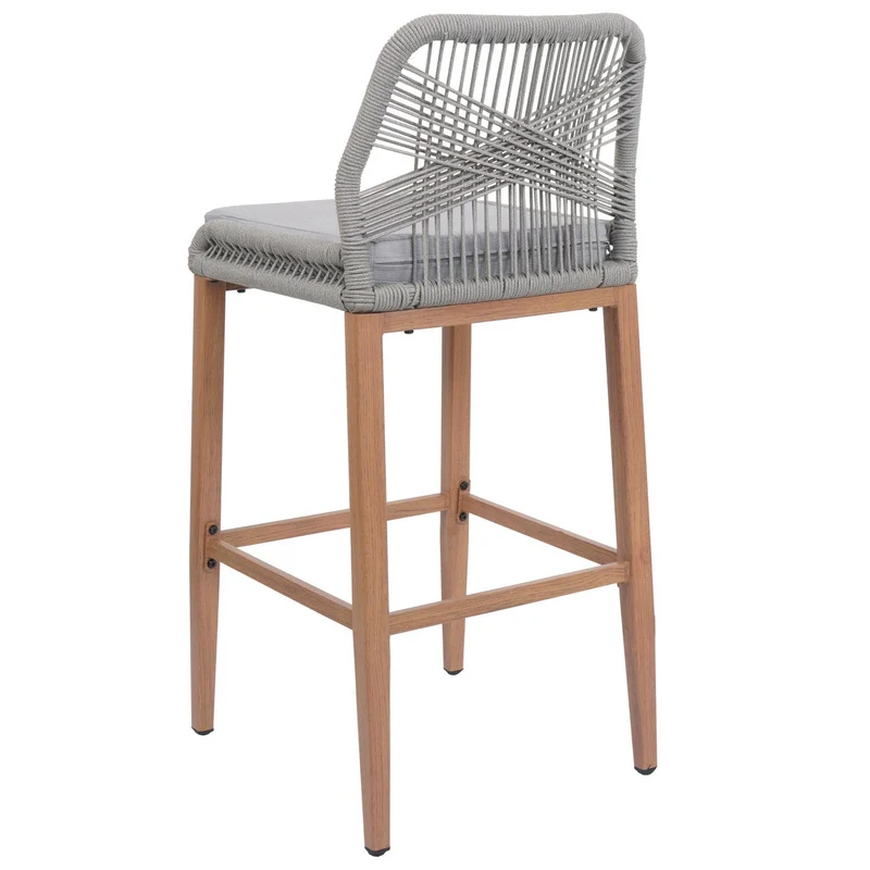 Lot de 2 tabourets de bar extérieur avec dossier cordage élastique décoratif et repose-pieds structure acier effet bois coussins gris clair 04_0009641
